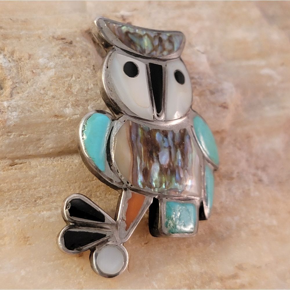 Old Pawn Zuni Sterling Owl Turquoise MOP Abalone Red Coral Brooch Pin - Picture 3 of 6